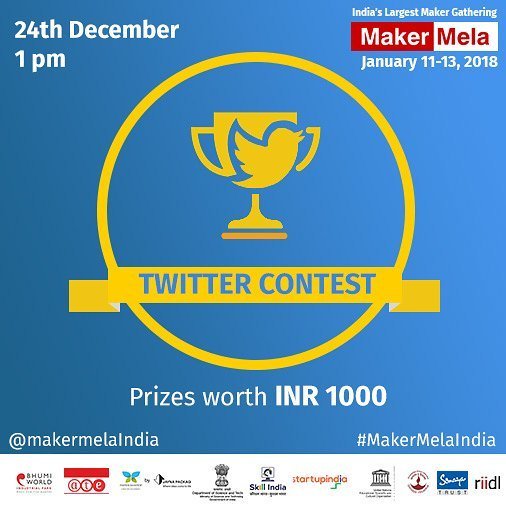 makermelaIndia's tweet photo. Maker Mela presents an exciting chance to win amazing Gift vouchers worth INR 1000 
Participate in the Twitter contest and answer simple questions to win ! 
Tune in at 1:00 pm on 24th of December 2017.

The Rules are very simple:
1. Follow @makermelaIndi… https://t.co/lx6d0PMjtN https://t.co/9Imx5Jb5Xj