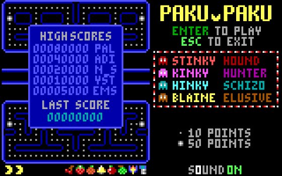 textfiles's tweet photo. #30DaysofStuff December 22, and let's do a little fun software game. It's a clone of that game with that yellow thing that eats the dots. And someone made it using a SUPER obscure undocumented 16-color mode for IBM PCs. It's Paku-Paku! https://t.co/MfrYT1HFgC https://t.co/jrsxU7MzKP