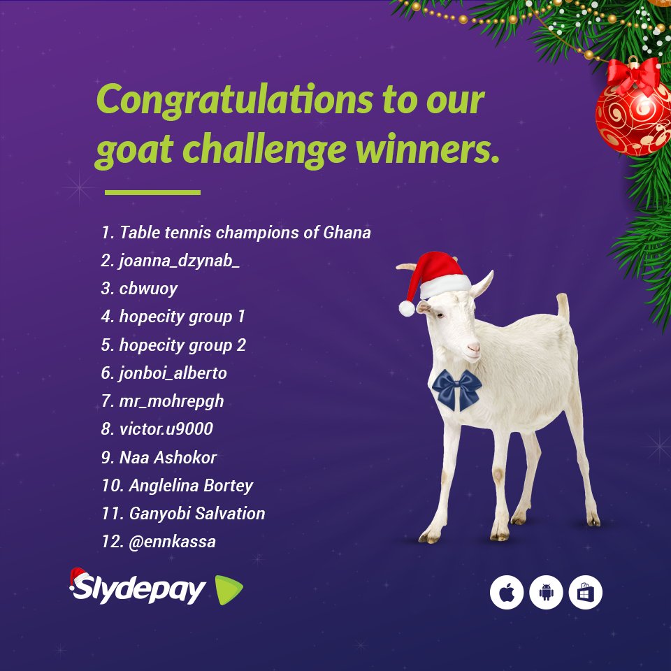 slydepay's tweet photo. 12 goats for 12 Bosses😎. The official winners of the #forthegoatchallenge. We hope we have helped to make your Christmas extra special. 
#ChristmaswithSlydepay https://t.co/7gm1CZXTv4