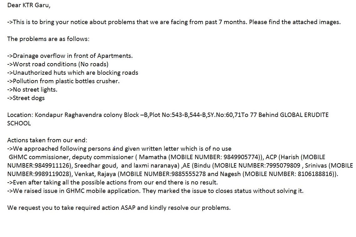 KREDDYK1's tweet photo. @KTRTRS

Dear KTR Garu,

This is to bring your notice about problems we are facing from past 7 months. Please find the attached images for whole description and proofs.

Location: Kondapur
Raghavendra colony Block –B, Plot No:543-B,544-B,SY.No:60,71To 77 https://t.co/KFCNaW5pdH