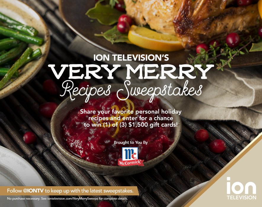 iontv's tweet photo. Celebrate the holidays with @IONTV's #VeryMerrySweeps! Enter now for a chance to win 1 of 3 $1,500 gift cards! Brought to you by @mccormickspices. https://t.co/oWqkVy4jF5 https://t.co/zAqev5w1Dz