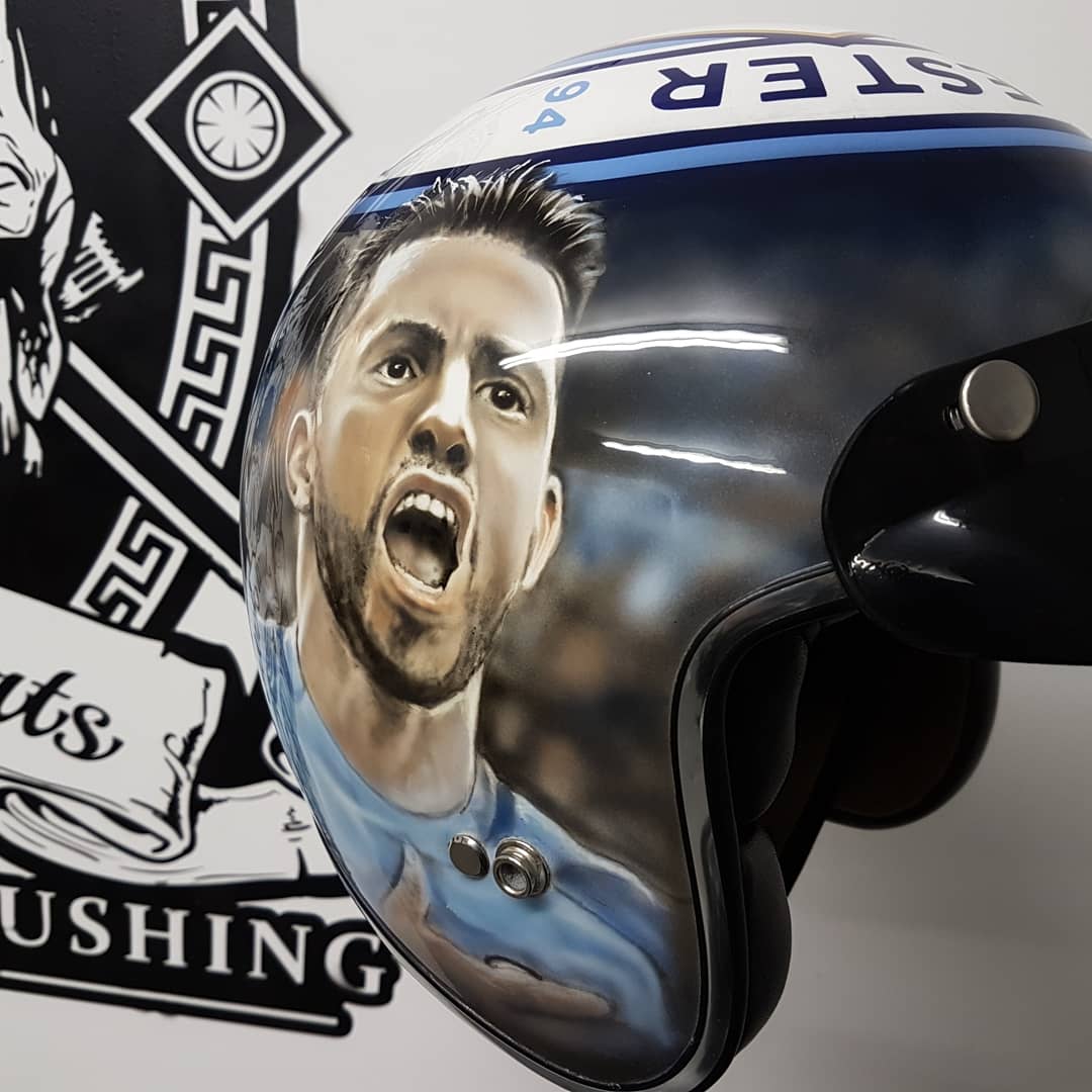 SiGreenaway's tweet photo. Man City FC helmet I painted for a fan! All airbrushed ⚽ #mancity #pepguardiola #aguero #manchester #manchestercity #mancityfc  #helmet #motorcycle #airbrush #art #sigmaarts #bluemoonrising #football #fan #video #sergioaguero #⚽ #freehand https://t.co/usk8es84JE