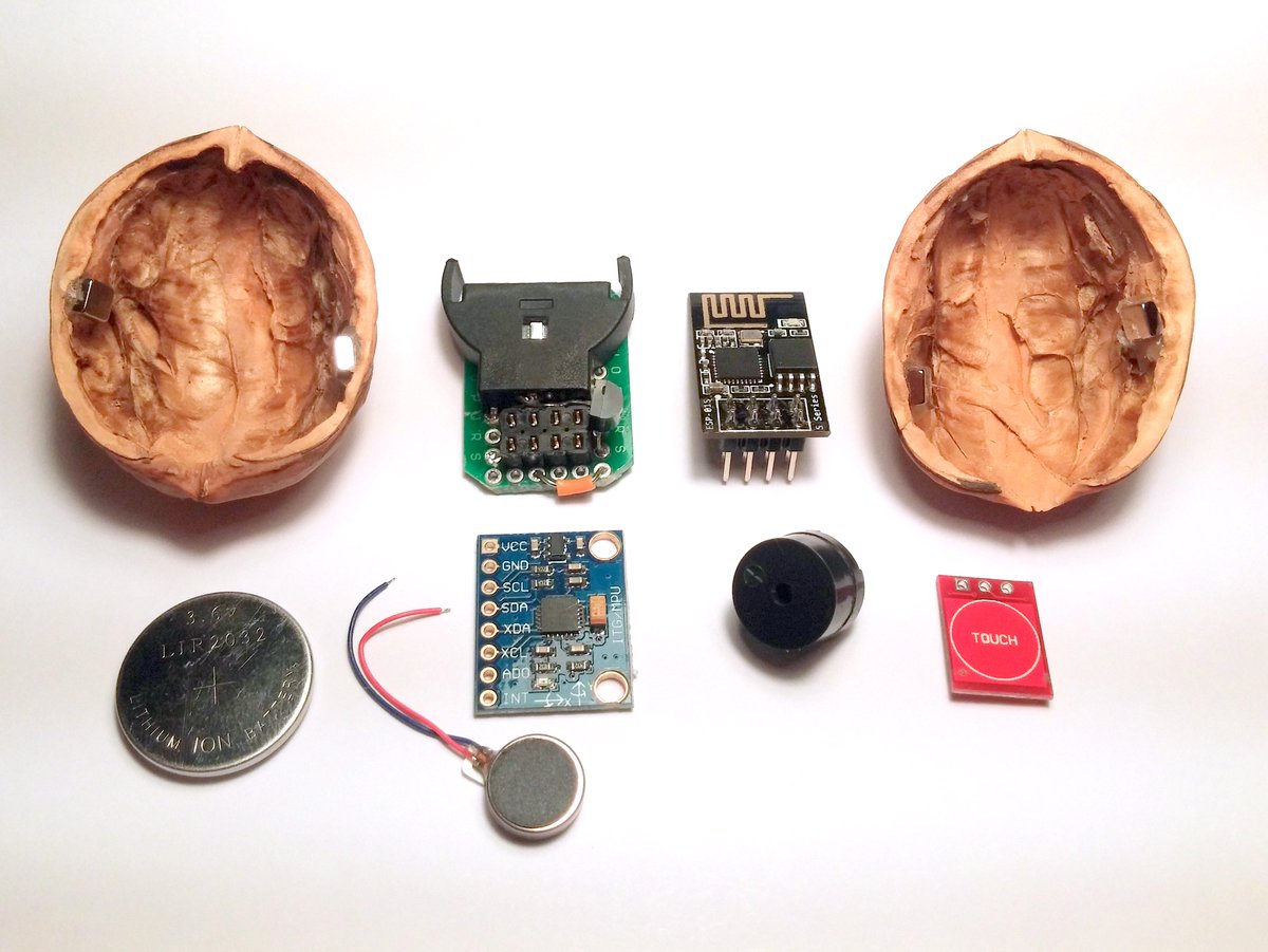 AlbrechtKurze's tweet photo. #ESP8266 in a nutshell, literally...
#Making some last minute #xmas gifts? Use what is lying around: ESP8266, LIR2032, HT7333A, magnets, nuts ... add a sensor and an actuator. Done.
Yes, it is meaningless, but it's #IoT ;-)
The #ESP01 module is actually even a larger one. https://t.co/FPaveYFPya