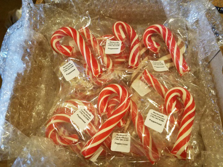 Sandy_Webb's tweet image. My favorite sister brought me an entire box of candy canes from the Martinsville Candy Kitchen in Indiana. @MaryIndiana2