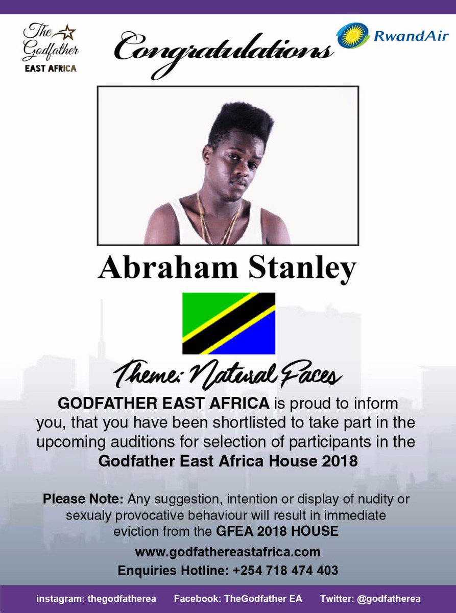 GodFatherEA's tweet photo. Abraham Stanley - Another Tanzanian who has Finally made it to the shortlist!!!
Application Process for The Godfather EA #2018House is on until 1st January, 2018.
#Nairobi #EastAfrica #Theme #NaturalFaces #TheGodfatherEA #Contestant
Official website: https://t.co/IGT4zYRv6y https://t.co/l2tEv24NOr
