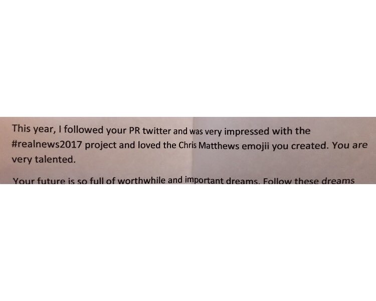 PRhanders's tweet photo. In a “congrats grad” letter from my aunt, she mentioned how impressed she was with my #RealNews2017 work 😂 #MimsPR I love it https://t.co/iqMZxbgtNU
