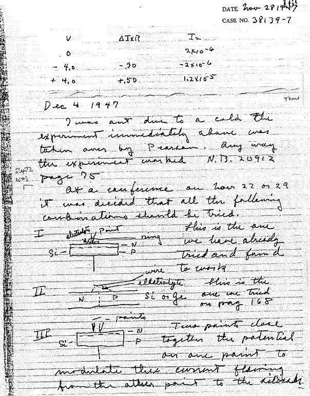 Walter Brattain's lab notebook from Dec 4th 1947 shows the amplifier set-up with point contacts surrounded by an electrolyte layer:(:  @ATT Archives)