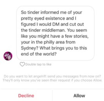 FeneleyRuby's tweet photo. Sometimes I wonder what the level of hurt, shock and betrayal will be when dudes from Tinder who approach women on instagram dms realize that the woman is, in fact, the much maligned "middleman". https://t.co/JLFfcv1Flp