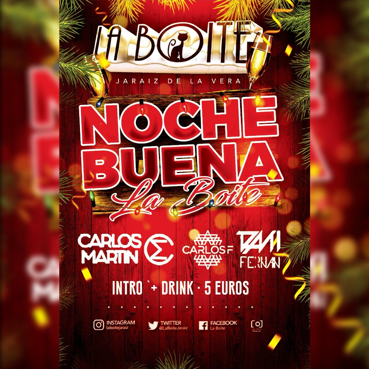 🙌🌲 LA NAVIDAD SE CELEBRA A LO GRANDE EN LA BOITE 🌲🙌
🤟 VIVE ESTA NOCHEBUENA EN TU SEGUNDA CASA 🤟
🔊 <a href="/danielfv418/">DANI FERNAN</a>   🔊
🔊 <a href="/carlosmartin/">Carlos Martin</a>🔊
🔊 <a href="/carlosfdj/">Carlos F</a>  🔊
🚨🚨 INTRO + DRINK 5€ TAQUILLA🚨🚨
#laboitejaraiz #music🔛 #LaBoite