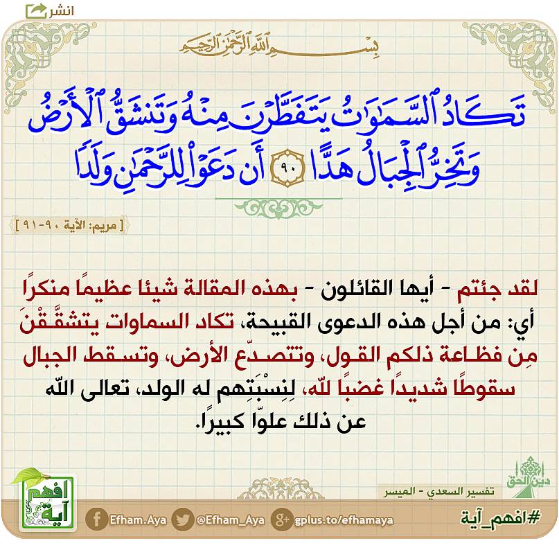 افهم آية On Twitter ت ك اد الس م او ات ي ت ف ط ر ن م ن ه و ت نش ق ال أ ر ض و ت خ ر ال ج ب ال ه د ا أن د ع و ا ل لر ح م ن و ل د ا مريم الآية 90 91 افهم آية تدبر دين الحق Https T Co Mw5p3g6xyj
