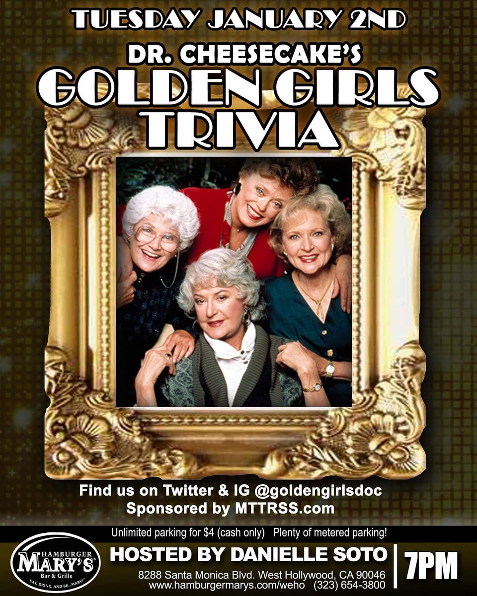 GoldenGirlsDoc's tweet photo. Don't miss #goldengirls trivia in #westhollywood Tuesday Jan 2nd! And it's the day before MY BIRTHDAAAAY!!!! #beaarthur #bettywhite #ruemcclanahan #estellegetty #sophia #dorothy #rose #blanche #miami #miamiisnice #emptynest #nurses https://t.co/NWbg0744jm