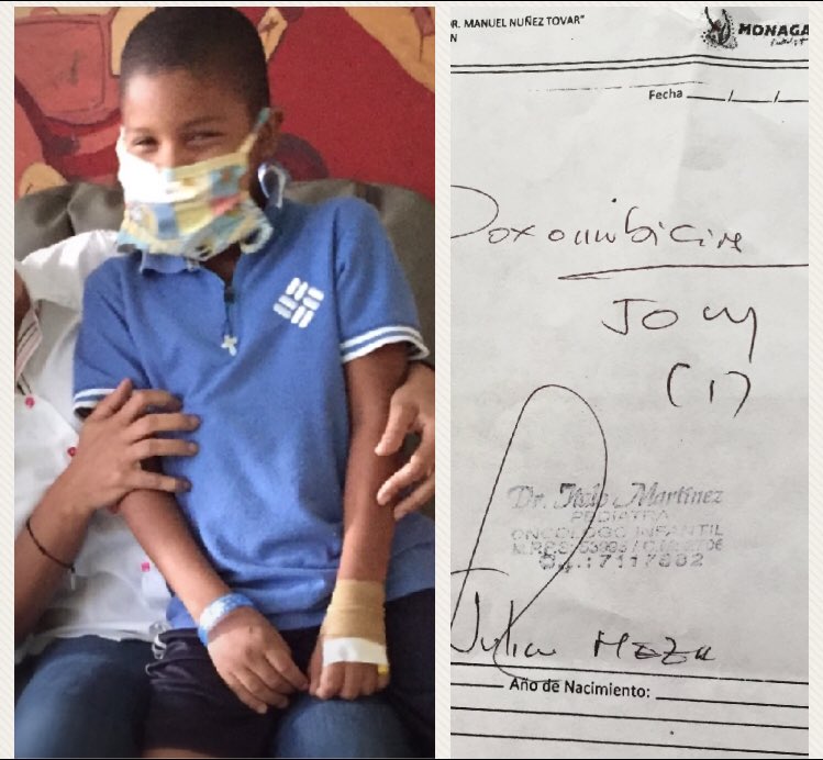 Este amiguito, Julian Meza padece de Linfoma de Hodgkin, está recluido en la unidad de Oncología del Hospital Manuel Nuñez Tovar de la ciudad de Maturín, y requiere con urgencia de: 

2 ampollas de Doxorribicina 50 mg 

#SOS #ServicioPublico #AyudaParaJulian
04165988364