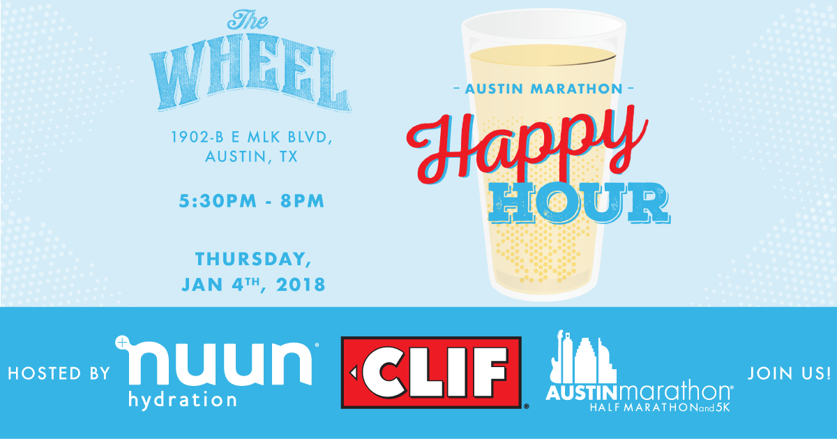austinmarathon's tweet photo. You're invited to the #AustinMarathon Happy Hour w/ our friends at @nuunhydration &amp; @ClifBar!

💻 - RSVP https://t.co/2Kf98sdU00
📍 - @thewheelatx
🗓️ - Thursday, 1/4
⏰ - 5:30 - 8 p.m.

We'll check out parts of the new marathon course at 5:30! https://t.co/NfS7l6Udmq