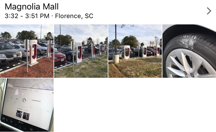 MattThomas222's tweet photo. @Tesla Crummy day in Florence.  We showed up to 19 spots filled...two Tesla's. In the process of fighting for a spot, bent a rim and damaged tire w/5k miles :( PS Can I get my family some streaming lol https://t.co/n7XfPxJdm9
