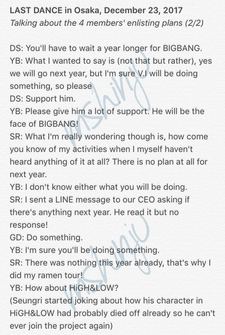 mshinju's tweet photo. YB brought the enlistment topic up in yesterday's LAST DANCE concert in Osaka.
According to what they said, the 4 members had planned to enlist together in 2018, but Seungri couldn't because of the long waiting list (he's a few years younger than the other members after all) https://t.co/luSjZdW1m6