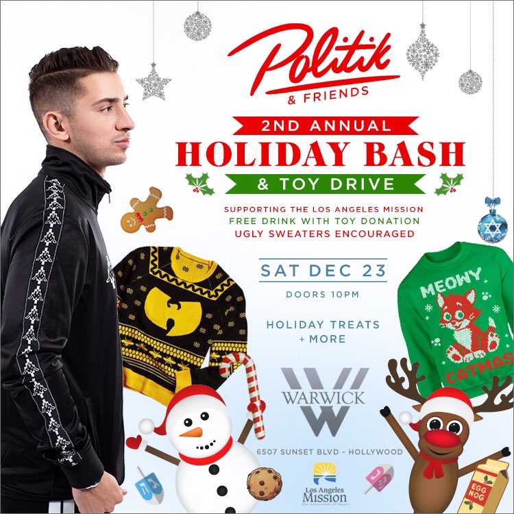 SATURDAY night 💫 Free drink with a toy donation. Ugly sweaters encouraged! 🎄✨