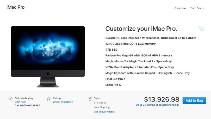 PCMag's tweet photo. iMac Pro now available, highest spec costs over $13K: https://t.co/rAU0Np8TQ3