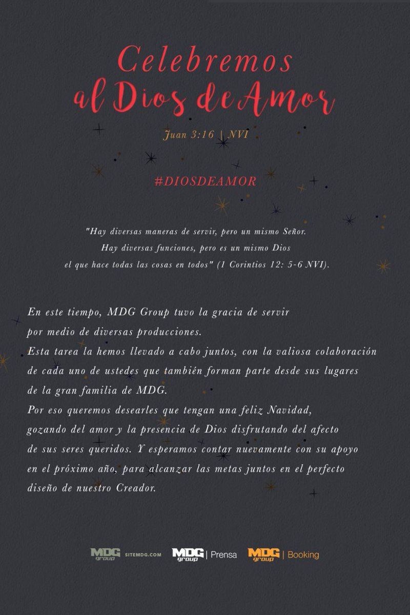 Celebremos al #DiosdeAmor
En este tiempo, @MDGGROUPAr tuvo la gracia de servir por medio de diversas producciones. 
Esta tarea la hemos llevado a cabo juntos, con la valiosa colaboración de cada uno de ustedes que también forman parte desde sus lugares de la gran familia de MDG.