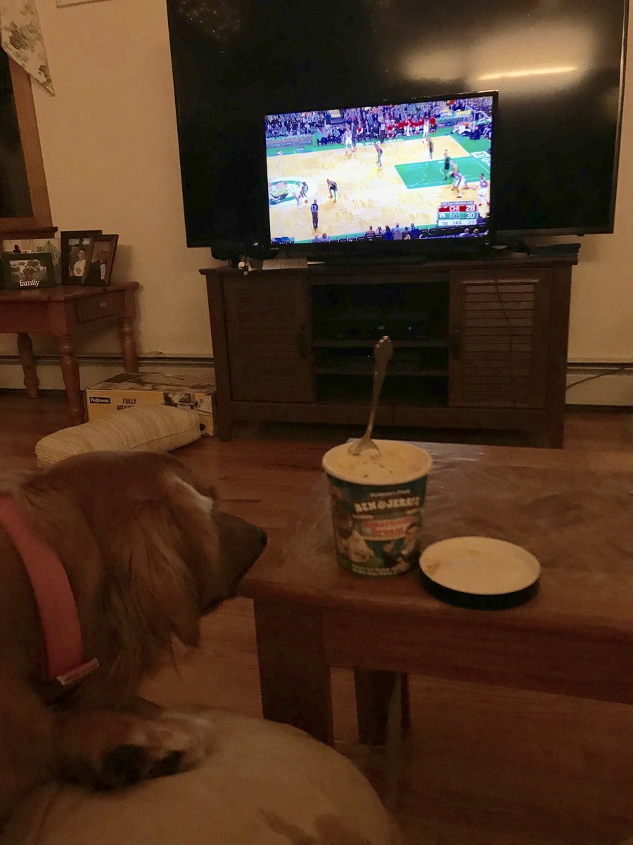 BritFreem17's tweet photo. Frank living her #AmericoneDream tonight #icecream #benandjerrys #celtics #tdgarden #homegame #goldenretriever #girldog #iswearijustwantedasniff https://t.co/8ksVJJdCsS