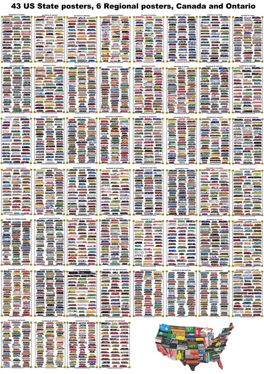CustomTrains's tweet photo. 43 🇺🇸State, 6 Regional, #Canada 🇨🇦 &amp; #Ontario 11"x17"Railroad Posters. Includes @BNSFRailway @UnionPacific @nscorp @csx @CanadianPacific @CNRailway #KCS @ASLRRA #fallenflags #railroads @Amtrak @Metra @SEPTAPHILLY @CapitolCorridor @SanJoaquins @AmtrakVA https://t.co/oh5qqqJcOn https://t.co/vnA3Loi0n6