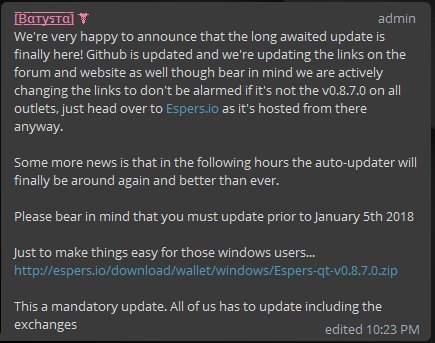 $ESP New wallet is out! Auto updater coming!  Join the Telegram chat t.me/EspersCoin Want to get Espers before its moons🚀🚀🌕!? Get it Here!
coinexchange.io/?r=c3e62a4b @ the current price of 3 satohis, its a deal for 2018!