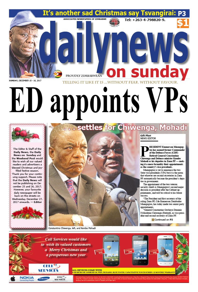 DailyNewsZim1's tweet photo. @DailyNewsZim today's front page #Mnangagwa #Chiwenga #Mohadi #VPs #Zimbabwe https://t.co/c6UGYGrcgb