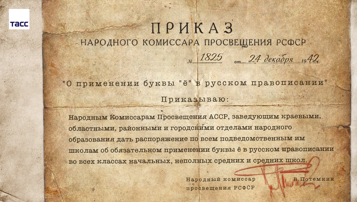 Указ года театра. Приказ наркома Просвещения Потемкина 24 декабря 1942. Приказ Наркомпроса РСФСР об обязательном употреблении буквы «ё» в 1942. Приказ о применении буквы ё. 24 Декабря 1942 года буква ё.