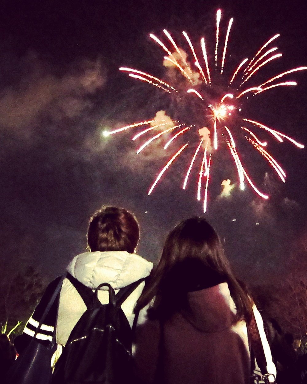 岡q ミドリノバショ 第 巻 発売中 打ち上げ花火 下から見るか 横から見るか 下から見てる若いカップル の後ろ下から見た花火 幸せそうな若い二人は花火より眩しいと感じるオジサン的感覚 今年も 昭和記念公園 イルミネーションと花火