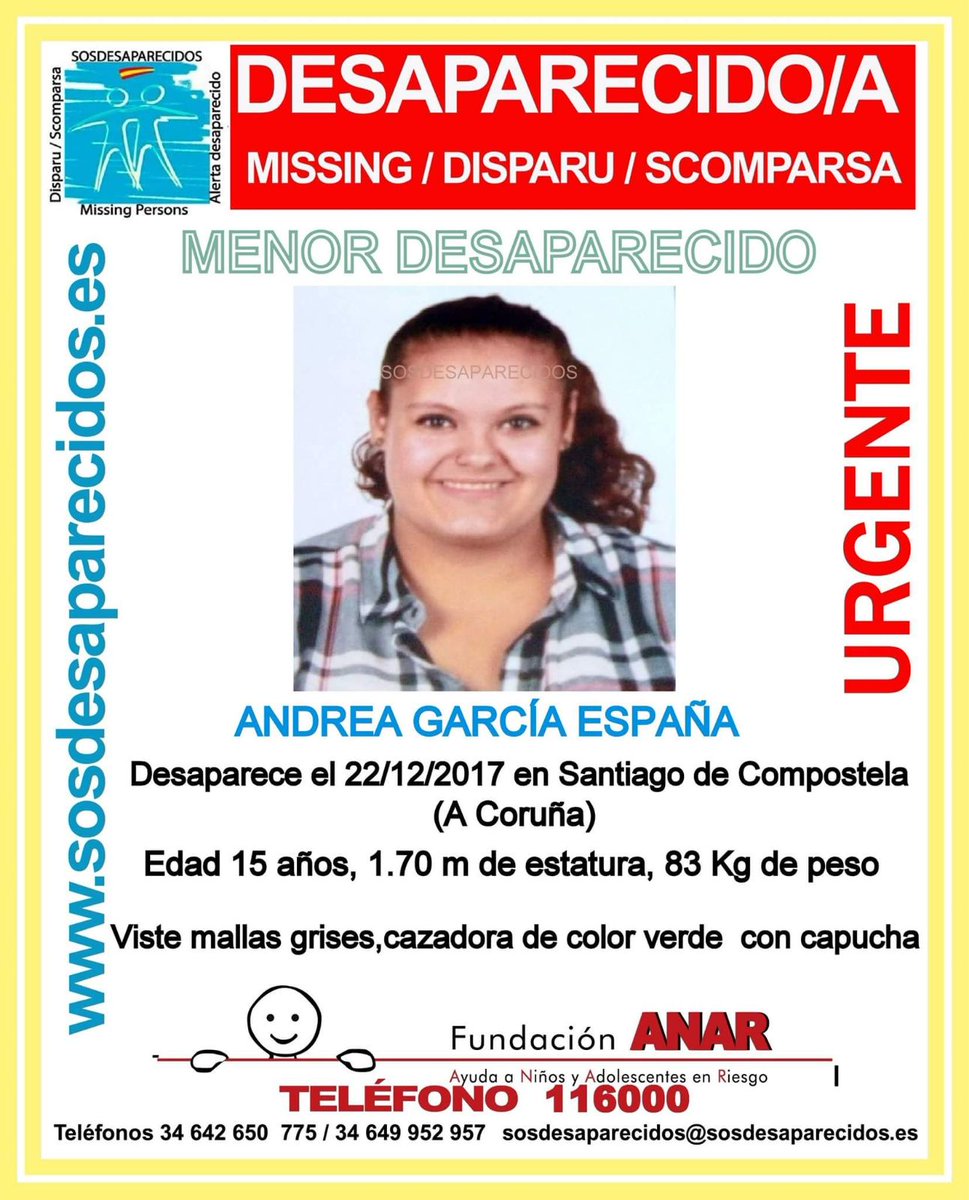 guardiacivil's tweet photo. 🔴#MUYURGENTE🔴 
Andrea es una #menor que ha #desaparecido en Santiago de Compostela #ACoruña
 Si la ves llámanos
☎062
☎091
☎112
Tu RT es muy  importante https://t.co/GouI3r6BHp