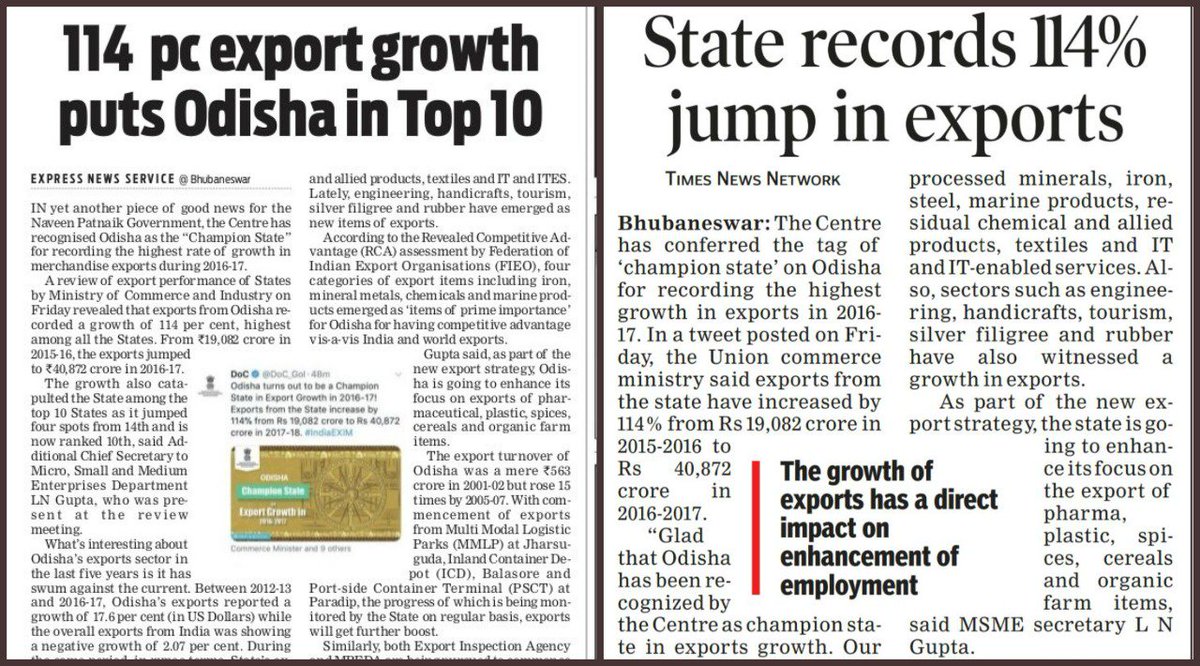 lngupta50's tweet photo. Odisha recognised as 'champion state' in exports growth
 https://t.co/tKAS9B7IGT

114  per cent export growth puts Odisha in Top 10 - https://t.co/wgIy6Jai5Y https://t.co/KvhLIZSdCY