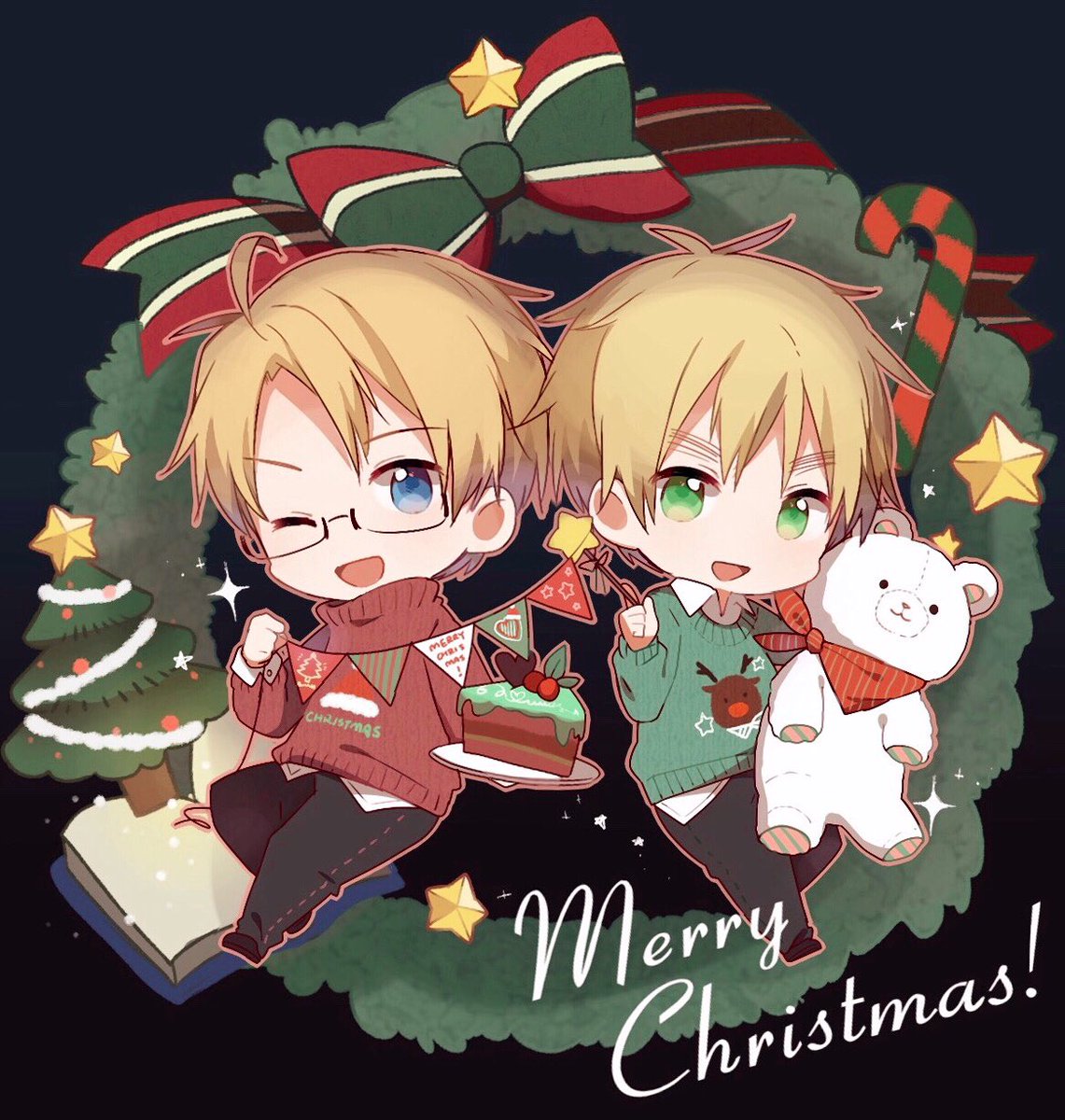 アルフレッド・F・ジョーンズ(ヘタリア) ,アーサー・カークランド(ヘタリア) 「merry christmas～ 」|Mapleのイラスト