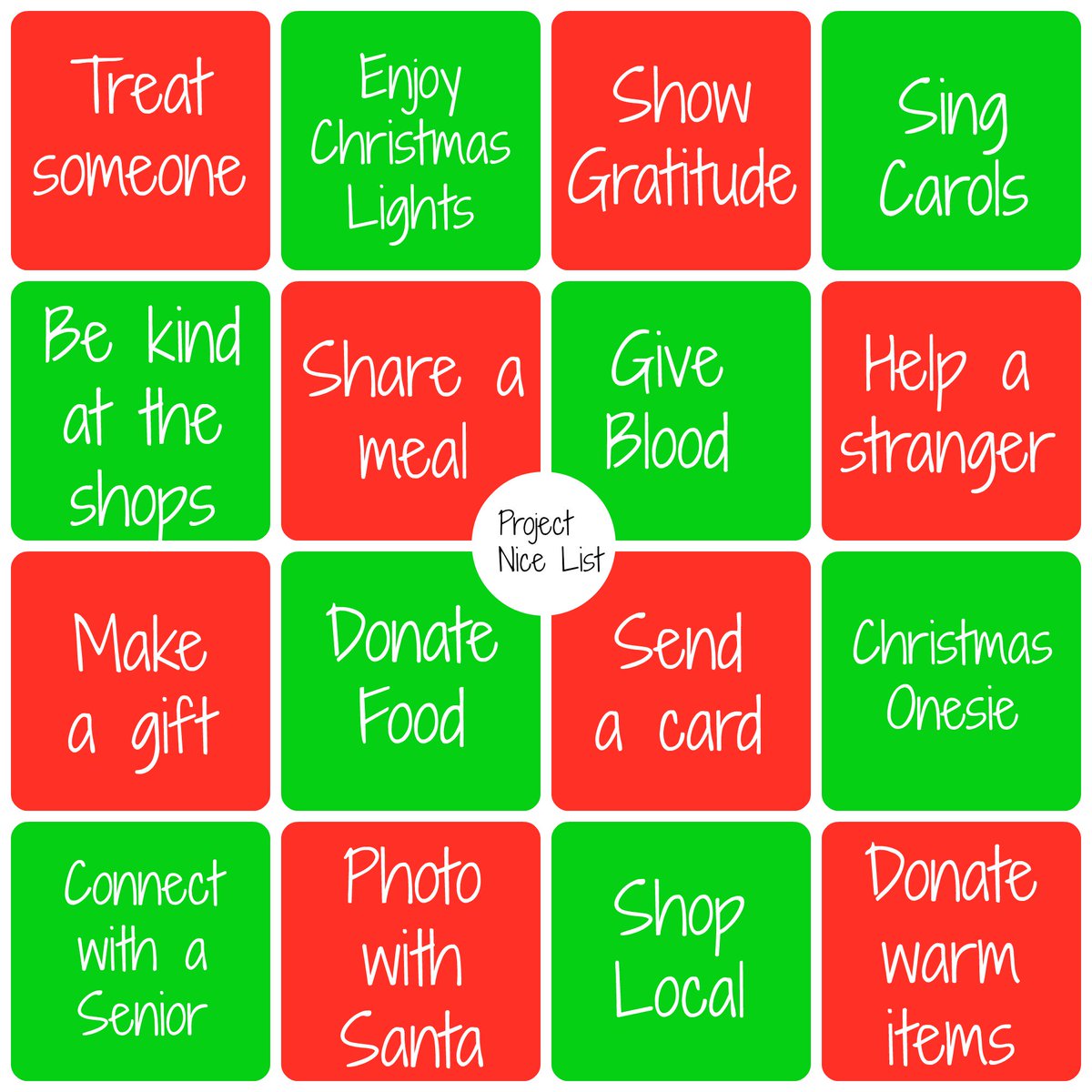 Play a little #ProjectNiceList bingo this holiday &amp; keep spreading kindness through the year. Thanks for all your support in 2017! #spreadkindness #beccatoldmeto