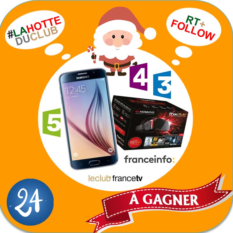francetvetvous's tweet image. RT+Follow pour le 24 du #calendrierdelavent en ce jour de #Reveillon et gagnez un Samsung Galaxy S6, un casque VR Homido et des cadeaux #france3 #France4 #france5 #franceinfo Dépêchez-vous... Et RDV Mercredi 27/12 16h30 pour découvrir LE grand gagnant #LaHotteDuClub 🎁Joyeux Noël