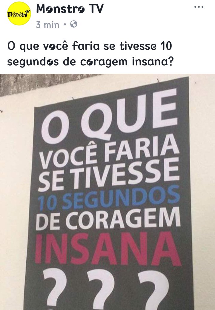 oficialpazzo's tweet photo. O que você faria se tivesse 10 segundos de coragem insana? https://t.co/E1EC7aFyNa
.
.
#monstrotv #SegundaDetremuraSDV
#GoldenGlobes #BTSoutcastD5 #SDV #CARvsNO https://t.co/N6NahyyY3x