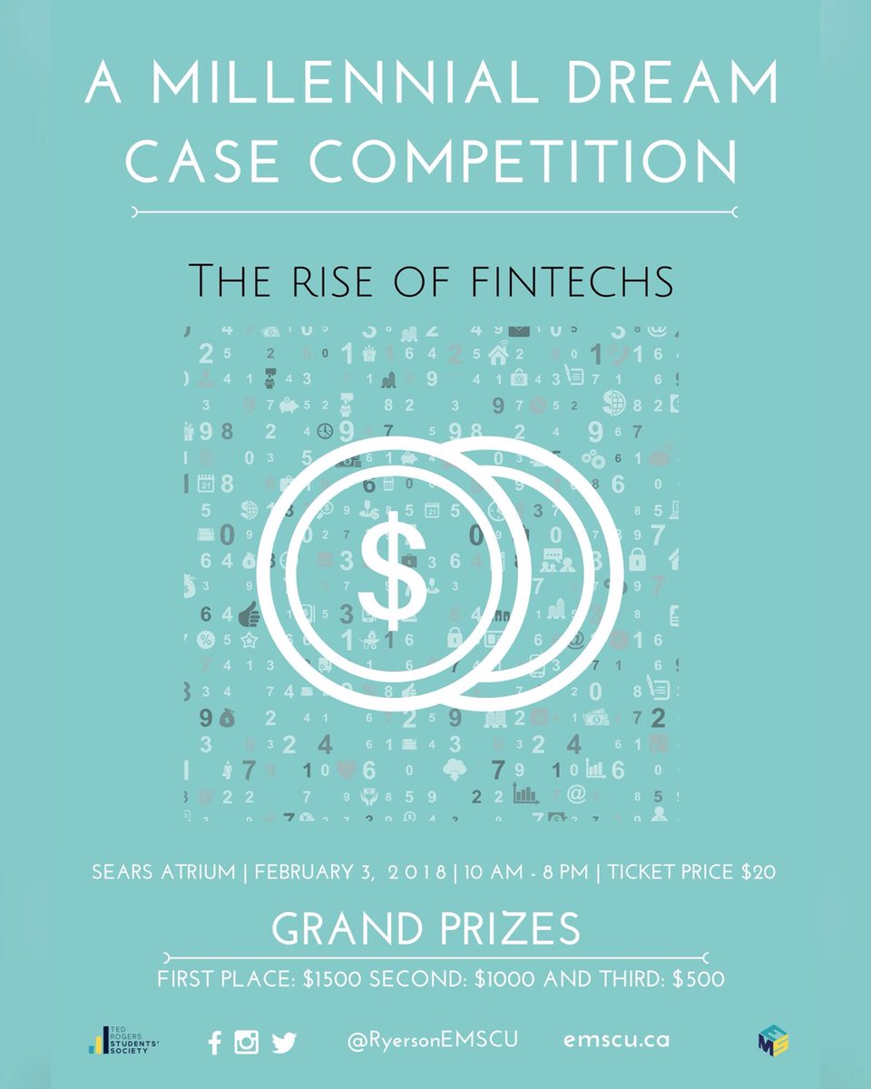 💰Want a Chance to win $1,500 ??💰

💳 Interested in Financial Technology ?? 💳

WE are hosting our annual case competition, this year’s theme: A Millennial Dream: The Rise of Fintechs on February 3rd, 2018. **OPEN TO ALL RYERSON STUDENTS, NO ECONOMICS MAJOR REQUIRED.**