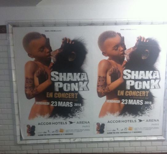 Photo couleur au portable prise dans une gare RATP montrant un panneau publicitaire sur lequel figure deux affiches de Shakaponk avec leur visuel de la femme noire embrassant le singe et annoçant un prochain concerts à Paris.