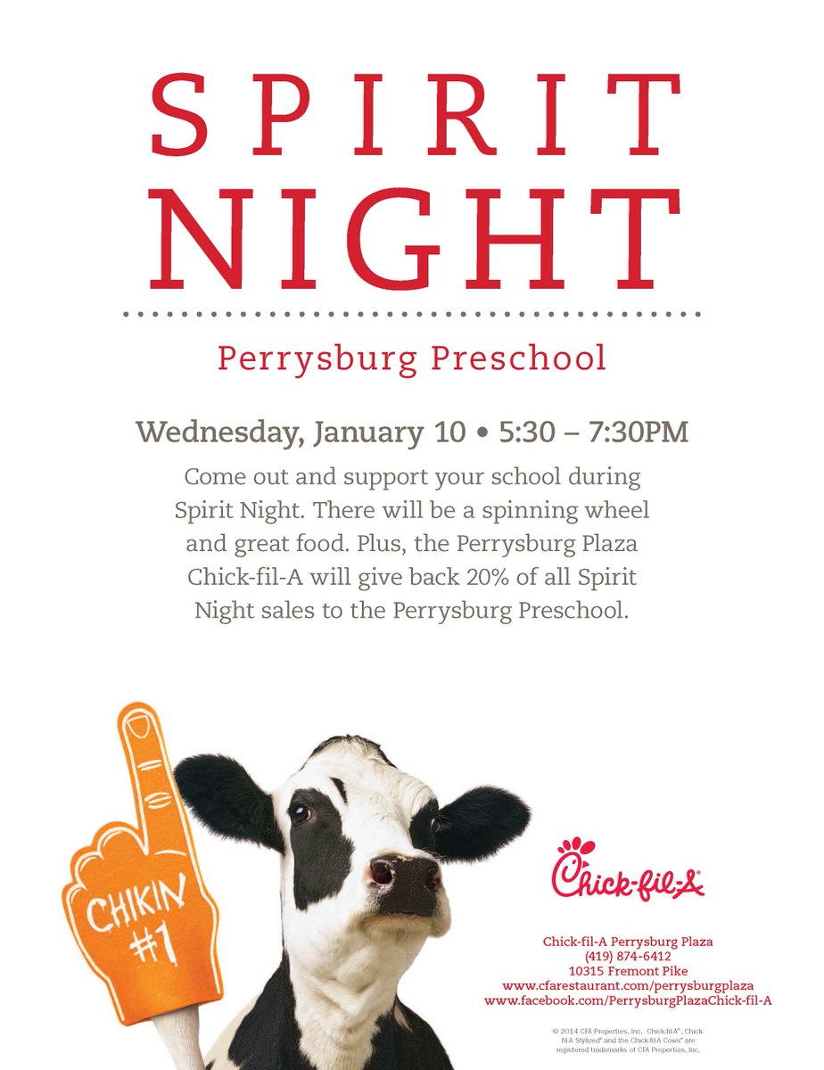 PburgPreK's tweet photo. Perrysburg Preschool Spirit Night at Chick-fil-A is Wednesday, January 10th. We had a blast last time! #PerrysburgPreschool #eatmorechicken https://t.co/Vlk3IWuDLF