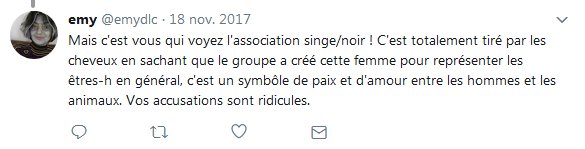 Capture d'un tweet du 18/11 m'étant adressé : Mais c'est vous qui voyez l'association singe/noir ! C'est totalement tiré par les cheveux en sachant que le groupe a créé cette femme pour représenter les êtres-h en général, c'est un symbôle de paix et d'amour entre les hommes et les animaux. Vos accusations sont ridicules.