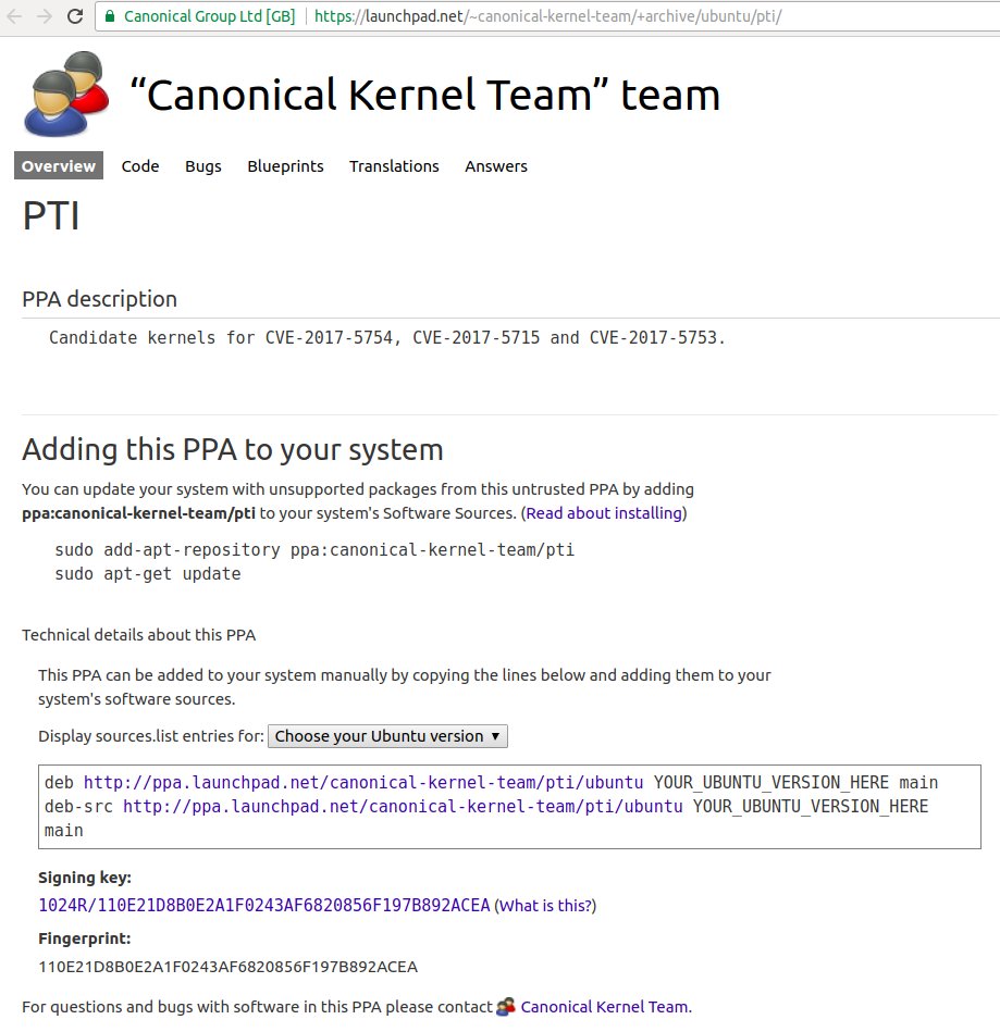 1/ Candidate kernels for @Ubuntu patching #Meltdown (aka Variant 3) are now available for testing: ubu.one/ptiPPA