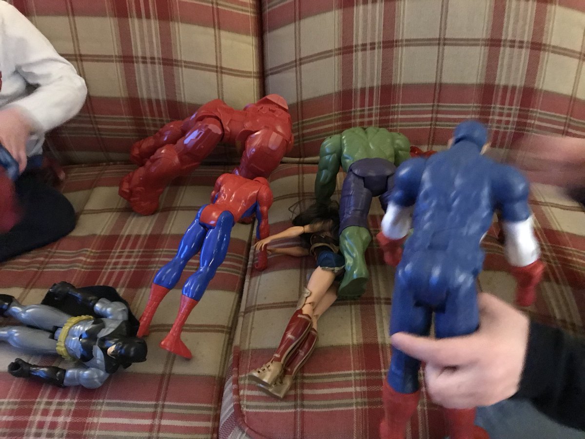 Came into the living room and all the superheroes are in the front leaning rest. <a href="/CaptainAmerica/">Captain America</a> keeping them inline. #armystrong <a href="/USArmy/">U.S. Army</a>