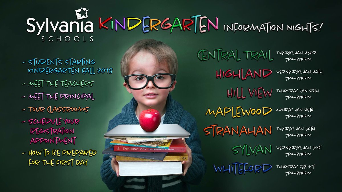 AdamFineske's tweet photo. It’s that time of year again, already! Check out our @SylvaniaSchools Kindergarten Information Night dates for all 7 elementary schools! Hope to see you there as we begin planning for the 2018-19 school year. https://t.co/IzCx0bOg0l