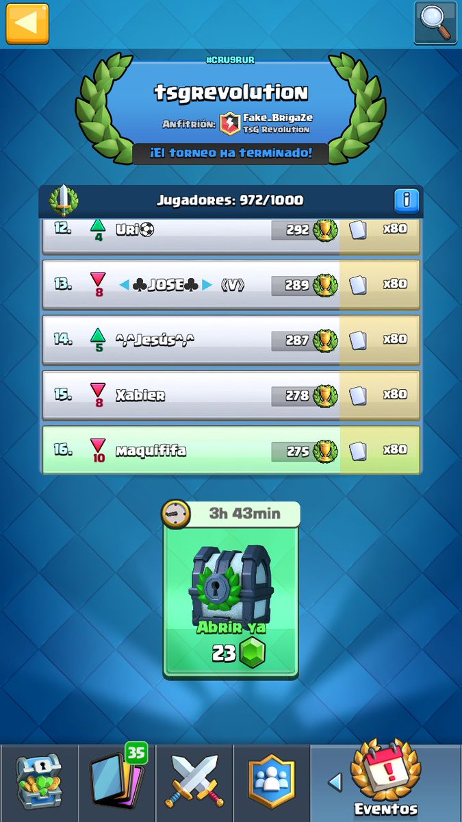 16 clasificado en el torneo de <a href="/ReVoLAimaR/">RevolAimar</a> que se ha llevado @NaginataCr. Contento con el resultado ya que habia pro players como @NaginataCr <a href="/RoyalePeke/">⚡️lil Peke⚡️</a> <a href="/GitanoLokoCR/">⭐GITANO_ABUSOS⭐</a>