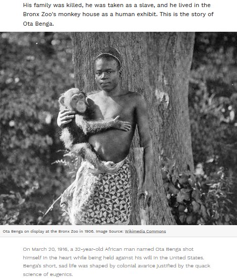 Photo d'un jeune homme noir debout devant un arbre portant dans ses bras un chimpanzé. +  court texte : Son nom est Ota Benga Sa famille a été tuée, il a été capturé et esclavagisé pour être exposé avec des singes en cage dans le zoo du Bronx . S'est donné la mort le 20/3/1916 en se tirant une balle dans le coeur à l'âge de 32 ans après une vie de captivité aux US