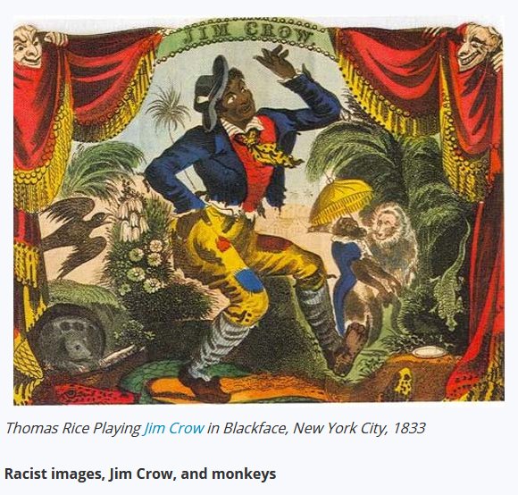 Image raciste présentant le spectacle minstrel show de Thomas Rice interprétant Jim Crow : Affiche colorée présentant un homme noir dansant de façon grotesque . Deux singes sont présents dans l'arrière plan dont l'un tenant une ombrelle