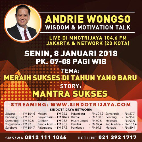 andriewongsocom's tweet photo. Sahabat luar biasa.. Pkl 7-8 (wib) pagi ini, mari dengarkan sharing motivasi di @mnctrijayafm (Jakarta 104,6 FM) &amp; network 📻👍🏼. Live streaming di https://t.co/L08hGAeH23   #MNCTrijayaFM #SemangatPagi #SuccessIsMyRight https://t.co/7p9EDAkmYx