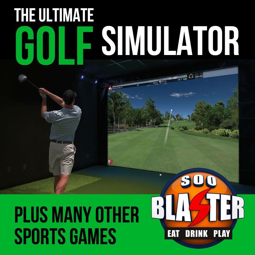 SooBlaster's tweet photo. Looking to stay warm & still golf this winter? #SooBlaster has you covered! Visit us to see all the different sports simulators along with great service & good times. #Winter #Golf #EatDrinkPlay https://t.co/lowU4uk9Ce