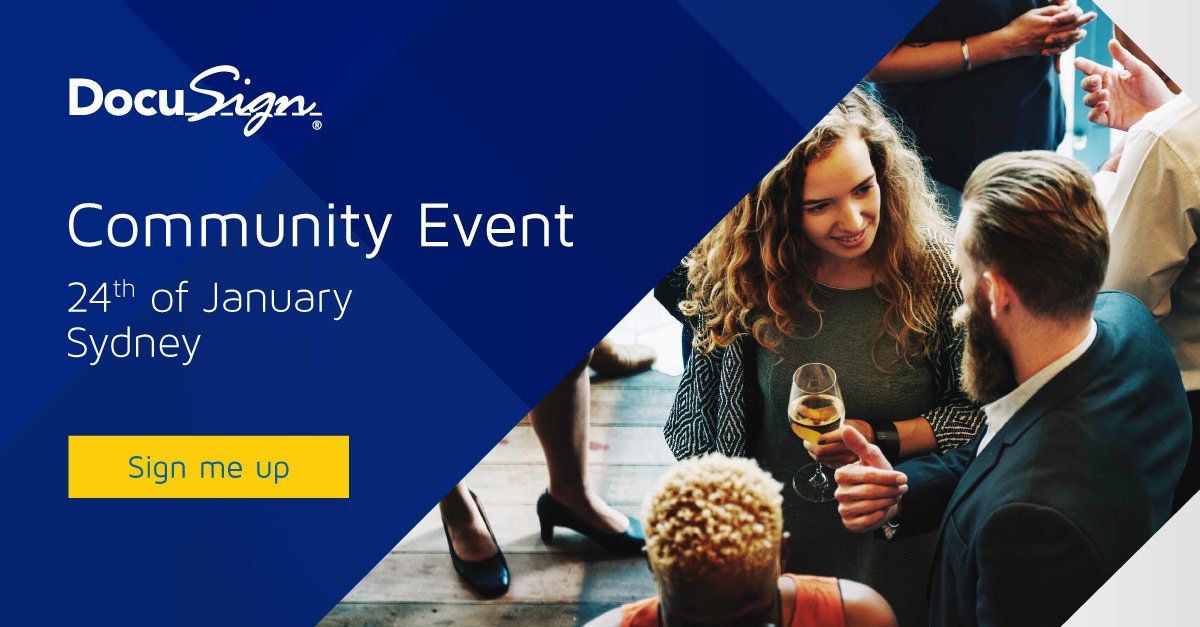 DocusignAPAC's tweet photo. Join us for the @DocuSign Community Launch in Sydney on 24 Jan and come see what’s new for 2018. https://t.co/41FSK1j3bG #lifewithoutpaper https://t.co/TzwJ96NaKU