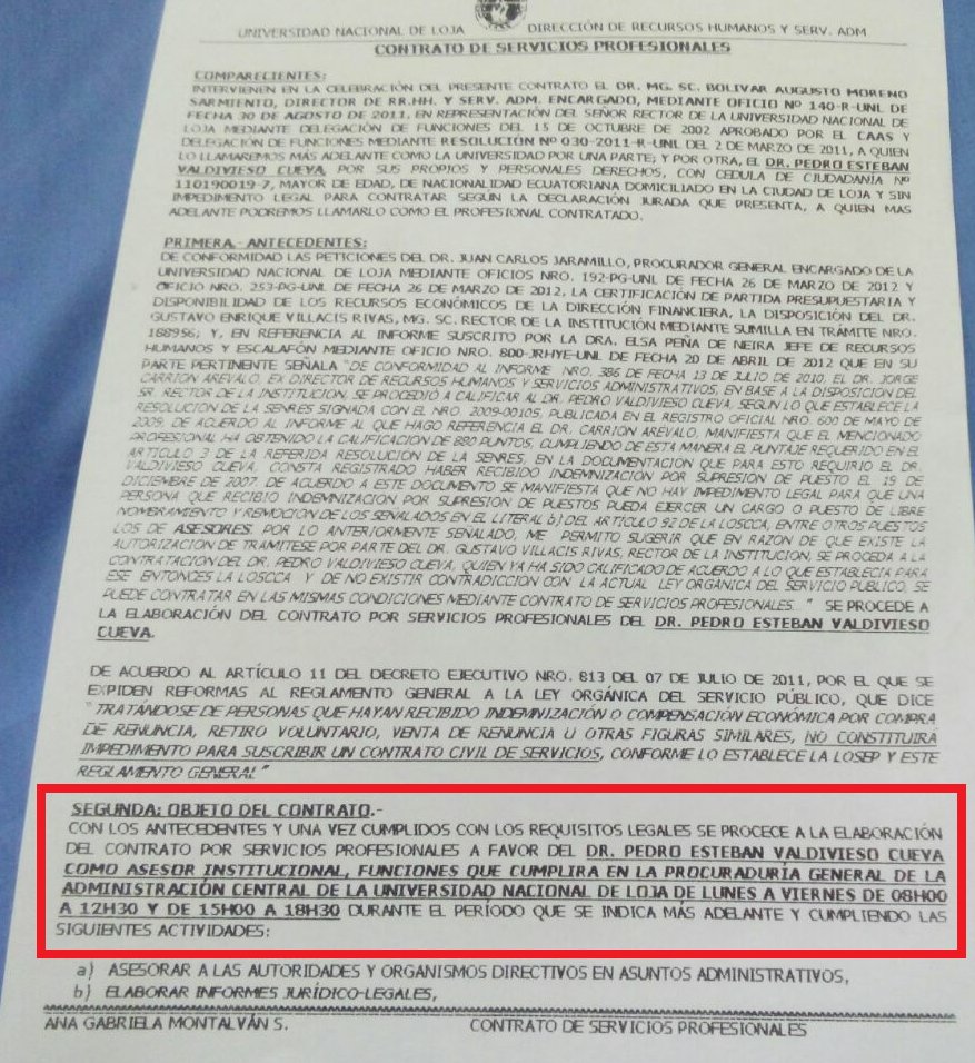 cos_unl's tweet photo. Denunciamos a la comunidad #UNL y a la ciudadanía que el Contralor Zonal 7 Pedro Valdivieso Cueva, tiene conflictos de interés en la UNL pues fue contratado como asesor por el rector #FueraVillacísFuera en dos ocasiones. En las fotos se pueden ver los dos contratos suscritos. https://t.co/BDaotKlVpT