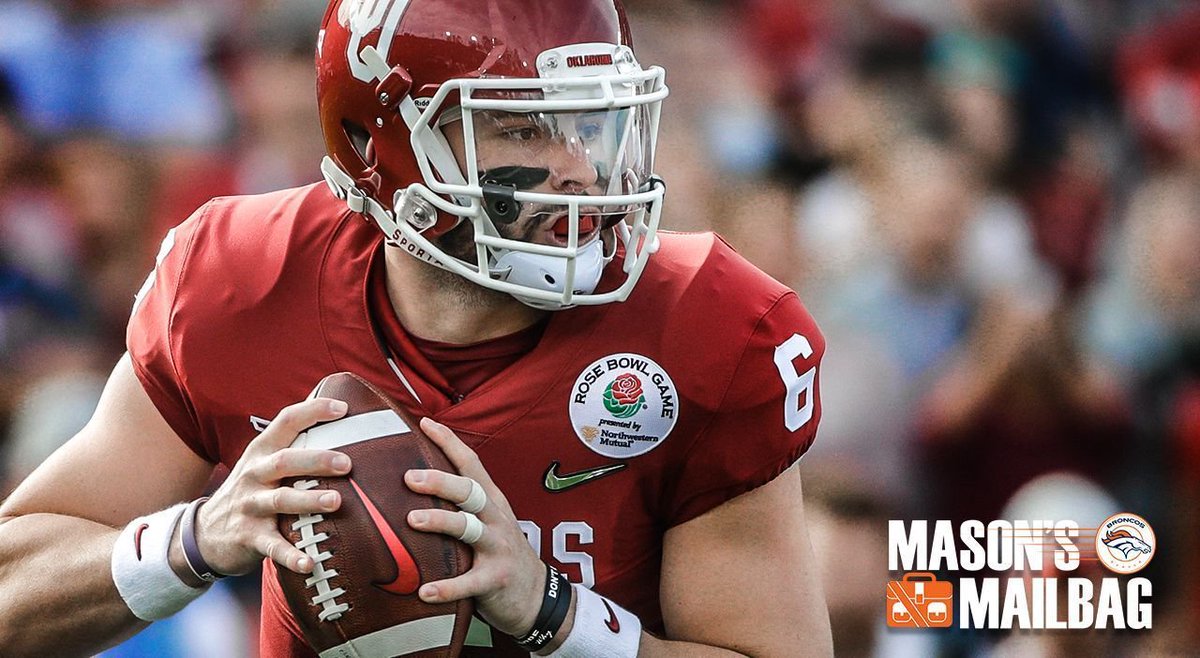 Broncos's tweet photo. #AskMase: "How likely is it that the #Broncos would look to draft a QB with their first-round pick and are they interested in Baker Mayfield?"

📬 » https://t.co/PmbbDWeDHK https://t.co/FaLSBFGihD