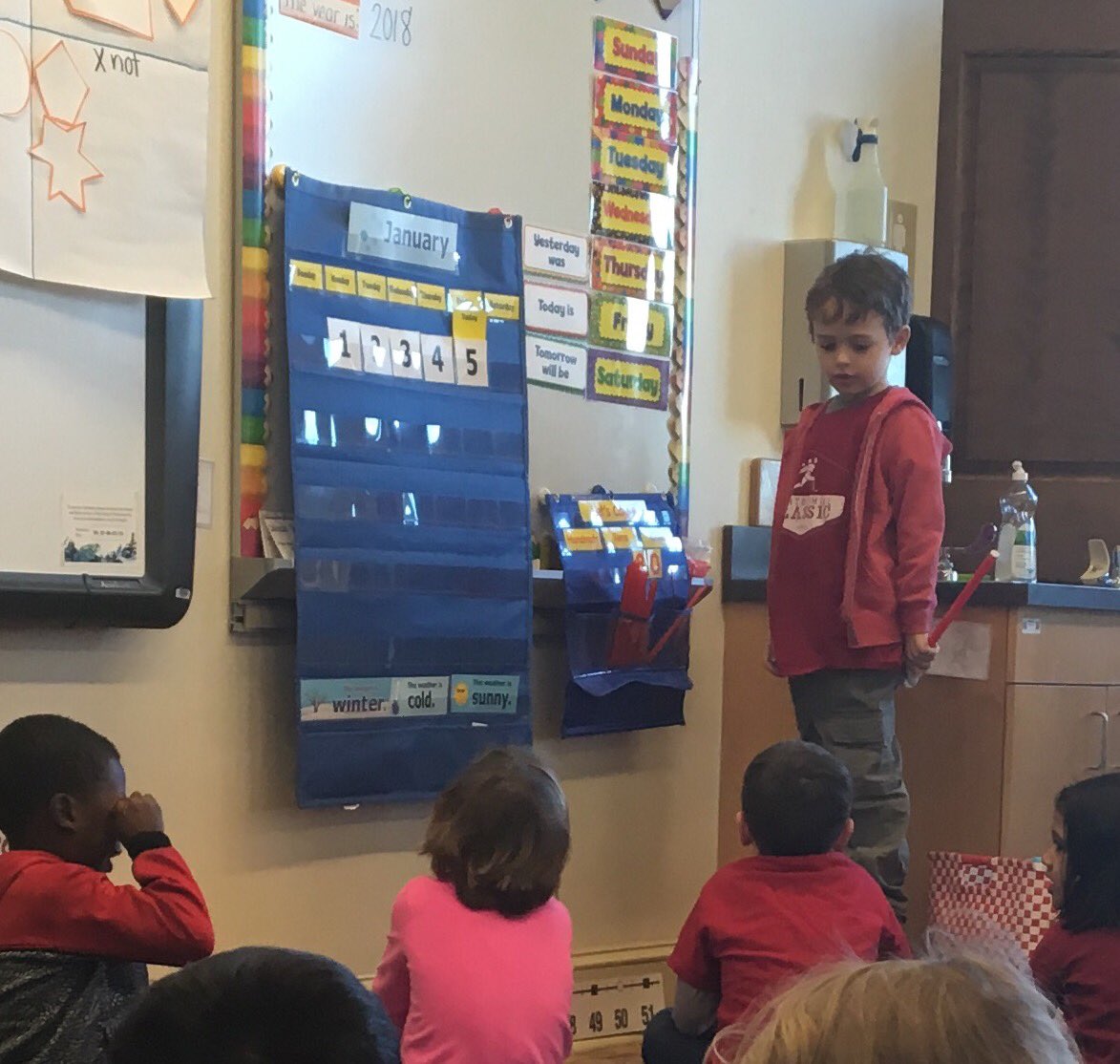 Gaal_DCPS's tweet photo. Ms Blot's Kindergarteners going over the weather board. Yes it's cold but Peabody was open for learning! @dcpublicschools #DCPSRising https://t.co/TnUK7CsWka